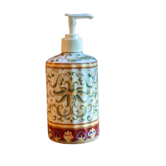 Porcelain China Liquid Soap Dispenser Green Gold Burgundy Palm Trees w/Crack… - Picture 3 of 5